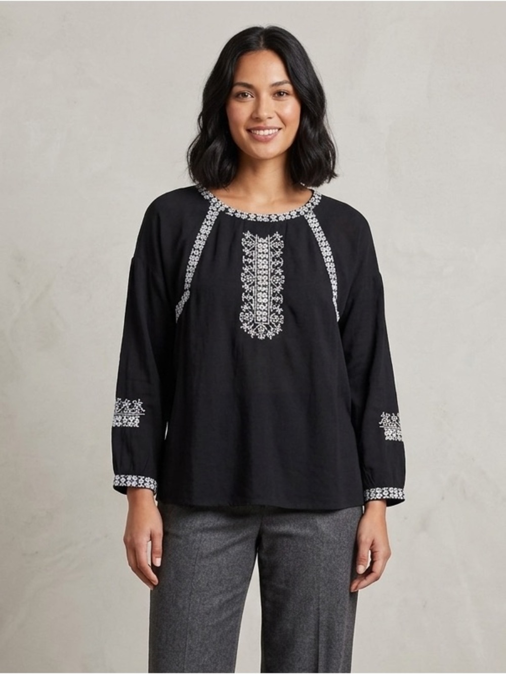 Lucky Brand Black Peasant Tunic with White Embroidery